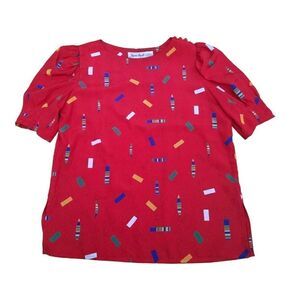 Vintage jaymee papelle Red Confetti Puffed Sleeve Polyester Blouse SZ 10